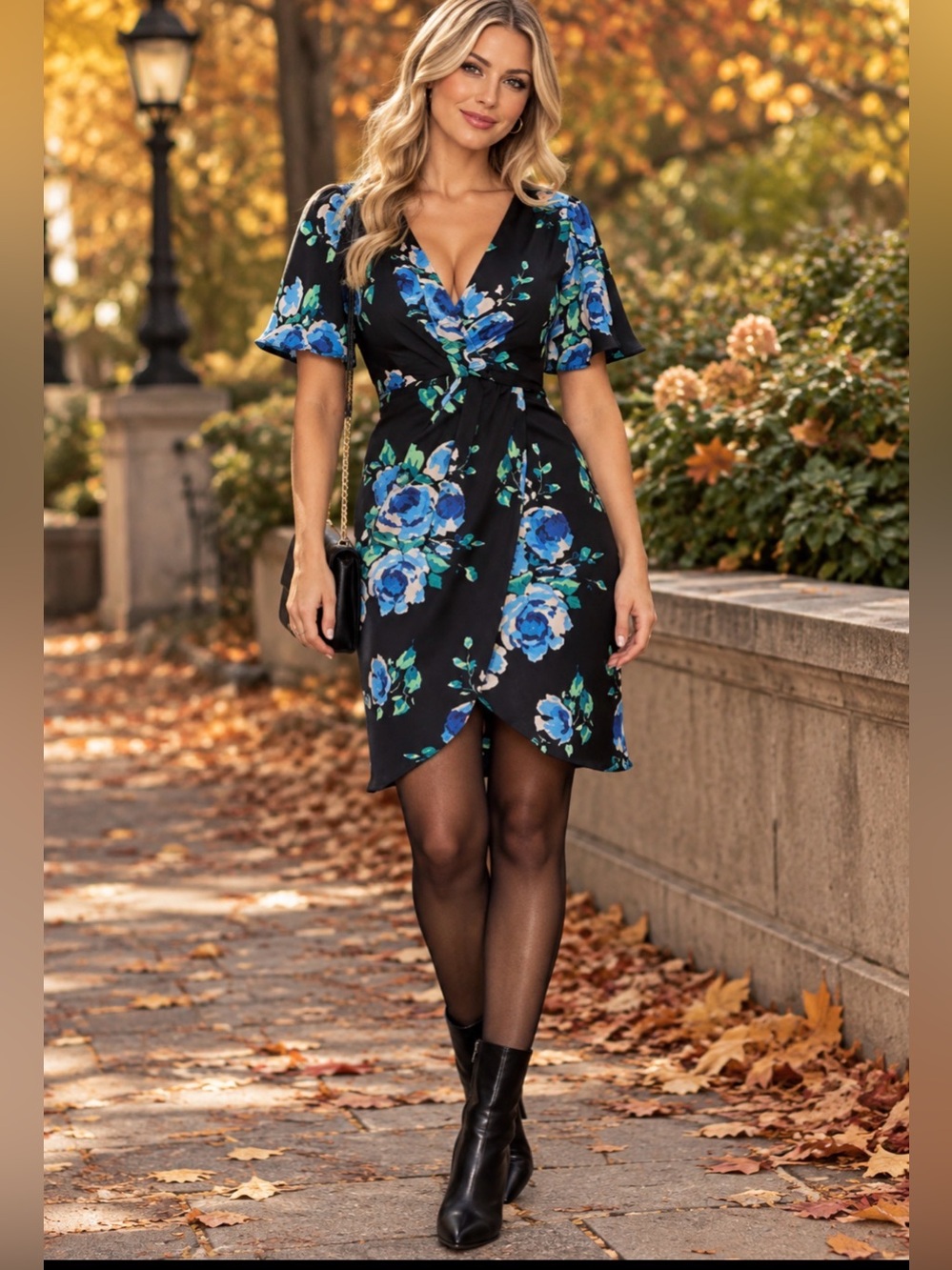 Zara Black Wrap Dress with Blue Floral Print